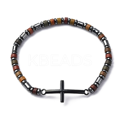 Bohemia Column Natural Picture Jasper Bead Stretch Bracelets BJEW-F493-02EB-1