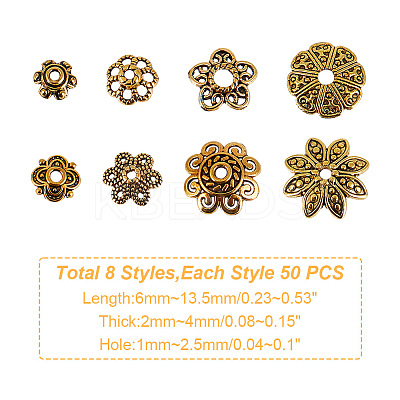 320Pcs 8 Styles Tibetan Style Alloy Bead Caps TIBE-GO0001-02-1
