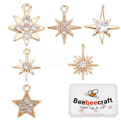 12Pcs 6 Styke Long-Lasting Plated Brass Micro Pave Clear Cubic Zirconia Charms KK-BBC0001-62-1