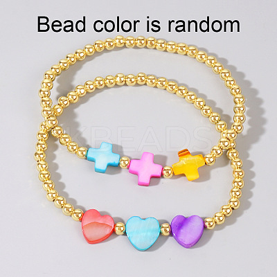 2Pcs 2 Styles European Cross Heart Natural Shell and Brass Round Beaded Stretch Bracelet Sets AC5817-2-1