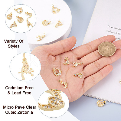 12Pcs 6 Style Brass Micro Pave Clear Cubic Zirconia Charms KK-FW0001-11-1