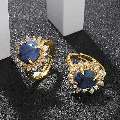 Sunflower Natural Lapis Lazuli Finger Rings RJEW-B113-03G-02-1