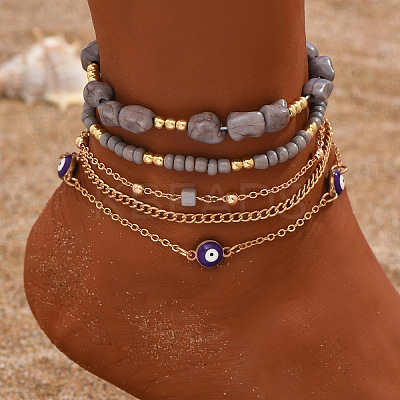 Iron & Natural Howlite & Resin & Glass Seed Beaded Evil Eye 5 Layered Anklets for Women FS-WG0BCD8-03-1
