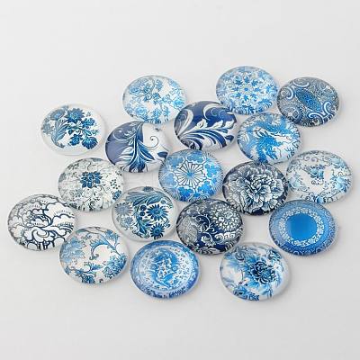 Blue and White Floral Printed Glass Cabochons GGLA-A002-16mm-XX-1