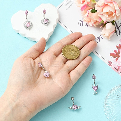 5Pcs 5 Styles Heart Teardrop 304 Stainless Steel Pearl Pink Cubic Zirconia Curved Barbell Belly Rings AJEW-CJ0001-58-1