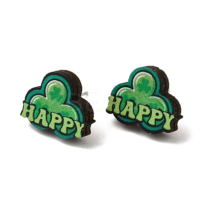 Saint Patrick's Day Green Wood Stud Earrings EJEW-D074-01A-1