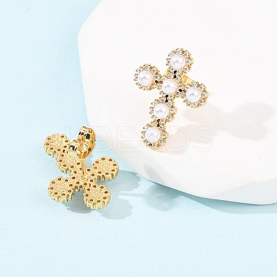 Cross Brass Micro Pave Clear Cubic Zirconia Stud Earrings EJEW-B153-01G-1