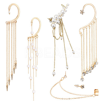 4Pcs Long Chain Tassel Drop Cuff Earrings with Imitation Pearl EJEW-KS0001-04-1
