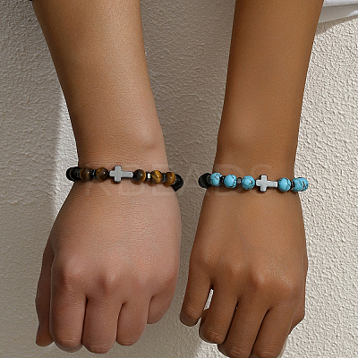 2Pcs 2 Styles Matte Natural Black Obsidian & Tiger Eye & Synthetic Turquoise Round Beads Stretch Bracelets IH5408-1