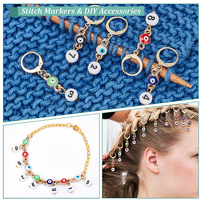 Evil Eye CCB Enamel Pendant Locking Stitch Markers with Acrylic Number Bead HJEW-AB00105-1