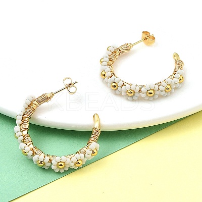 304 Stainless Steel & Bohemian Beaded C-Shaped with Flower Stud Earrings for Women EJEW-R001-03G-02-1