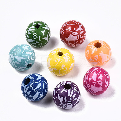 Printed Natural Wooden Beads WOOD-R270-11-1