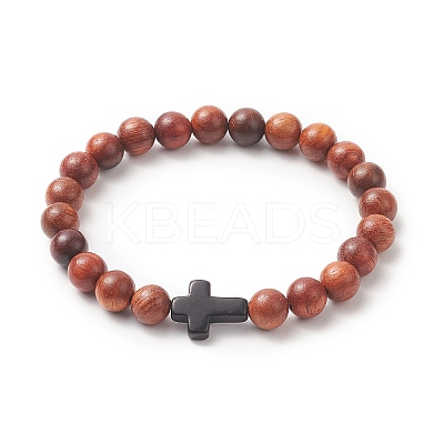 Natural Wood & Synthetic Turquoise Beaded Stretch Bracelet for Men Women BJEW-JB09291-1