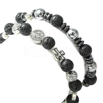 2Pcs 2 Style Natural Lava Rock & Alloy Saint Benedict Medal Beaded Stretch Bracelets Set BJEW-JB09635-1