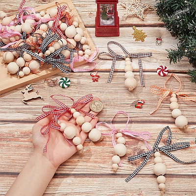 30Pcs 10 Styles Wooden Beaded Pendant Decorations HJEW-AB00736-1