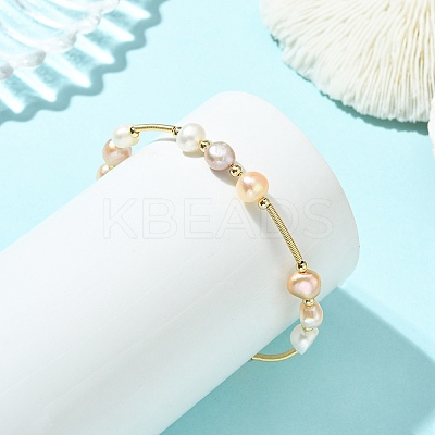 Nuggets Natural Cultured Freshwater Pearl & Brass Beaded Bangles BJEW-JB13979-1