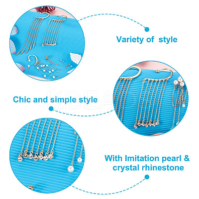 4Pcs Long Chain Tassel Drop Cuff Earrings with Imitation Pearl EJEW-KS0001-04-1