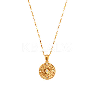 304 Stainless Steel Pave Clear Cubic Zirconia Flat Round Pendant Necklaces FS-WG7E9F7-01-1