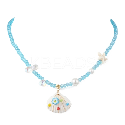 Ocean Natural Shell Copper Wire Wrapped Flower Shell Pendant Faceted Rondelle Glass and Round Shell Pearl Beaded Necklaces NJEW-TA00222-1