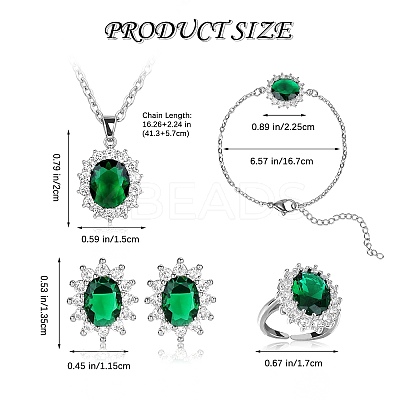 Cubic Zirconia Oval Pendant Necklace & Link Bracelet & Cuff Ring & Stud Earrings SJEW-SZC0001-01B-1
