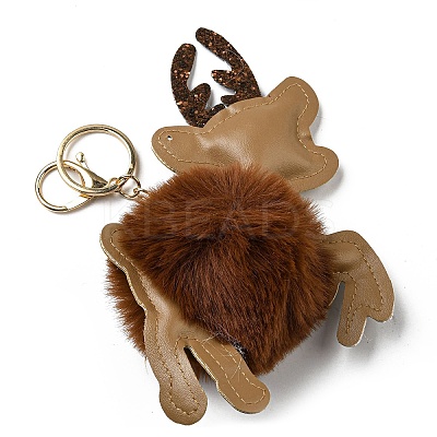 Imitation Rex Rabbit Fur & PU Leather Christmas Reindeer Pendant Keychain LS-KEYC-K018-02KCG-03-1