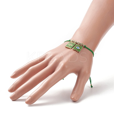 Handmade Japanese Seed Rectangle with Cross & Evil Eye Charm Bracelets BJEW-MZ00010-1