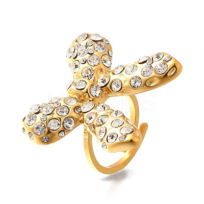 Bowknot 304 Stainless Steel Rhinestone Cuff Rings for Women RJEW-A058-01B-G-1