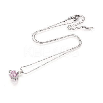 304 Brass Cubic Zirconia Heart Pendant 304 Stainless Steel Chain Necklaces NJEW-T018-01P-1