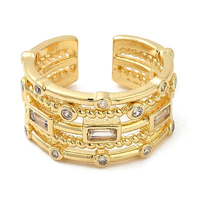 Rack Plating Real 18K Gold Plated Brass Rectangle Open Cuff Rings RJEW-B048-09G-1