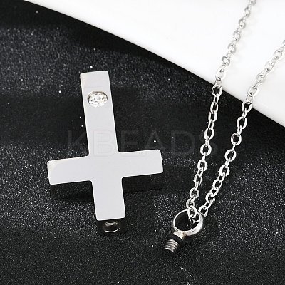 304 Stainless Steel Pave Clear Cubic Zirconia Cross Pendant Pet Urn Ashes Necklaces NJEW-S455-07P-1
