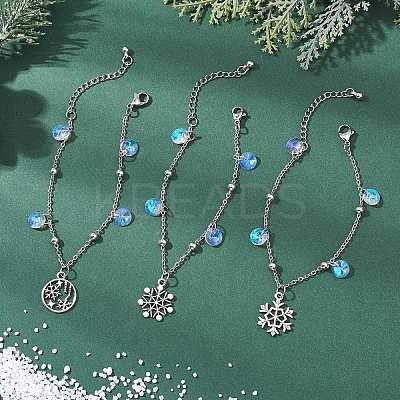 3Pcs Christmas Snowflake Alloy Charm Bracelets BJEW-JB12677-1