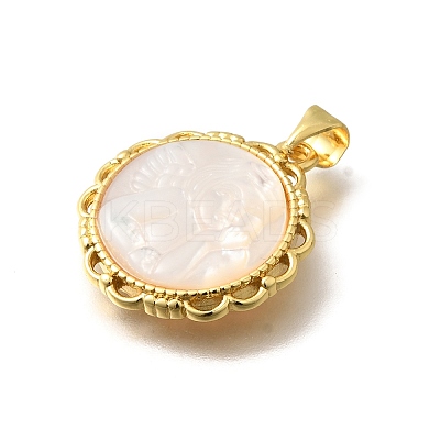 Brass Pave Natural White Shell Carved Angel Pendants KK-Z091-03G-1