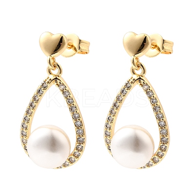 Teardrop with Round Brass Micro Pave Clear Cubic Zirconia Dangle Stud Earrings EJEW-A135-19G-1