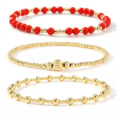 3Pcs Glass & Brass Round Beads Stretch Bracelets HD9470-5-1