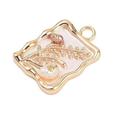 Brass Enamel & Natural Pearl Rectangle with Flower Pendants KK-K351-51G-02-1