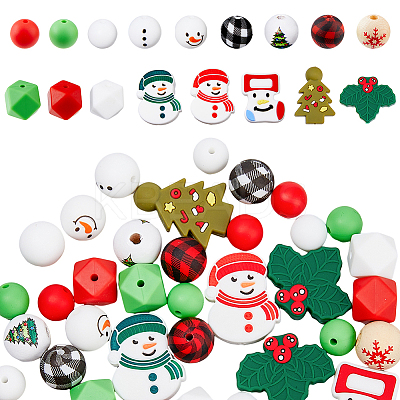 43Pcs 17 Style Christmas Theme Silicone Beads and Wooden Beads SIL-HY0001-24-1