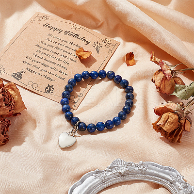 Natural Lapis Lazuli Round Beaded Stretch Bracelet with Alloy Heart Charm BJEW-OC0001-09D-1