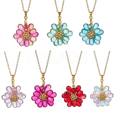 7Pcs 7 Colors Flower Handmade Glass Seed Beaded Pendant Necklaces NJEW-MZ00096-1