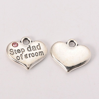Wedding Theme Antique Silver Tone Tibetan Style Alloy Heart with Step Dad of Groom Rhinestone Charms TIBEP-N005-23B-1
