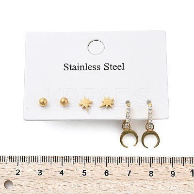 304 Stainless Steel Rhinestone Moon & Star & Round Earring Sets EJEW-Z098-22G-1