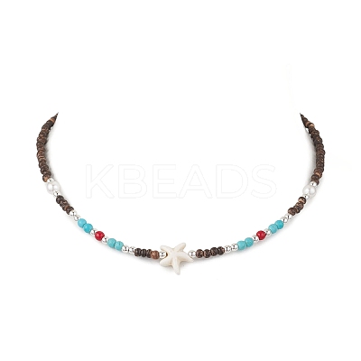 Summer Beach Synthetic Turquoise & Natural Coconut Beaded Neklaces NJEW-JN05208-01-1