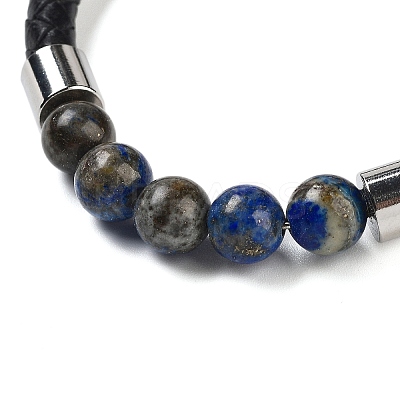 Natural Lapis Lazuli Round Bead Braided Leather Cord Bracelets for Men Women BJEW-A009-11P-03-1