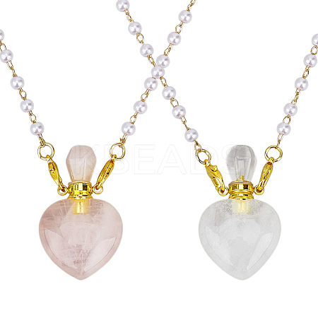 2Pcs 2 Colors Natural Rose Quartz & Quartz Crystal Heart Perfume Bottle Pendant Handmade Plastic Imitation Pearl Bead Chain Necklaces NJEW-OC00006-1