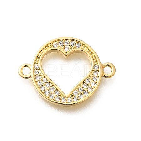 Rack Plating Brass Clear Cubic Zirconia Flat Round with Hollow Heart Connector Charms KK-L225-036G-1