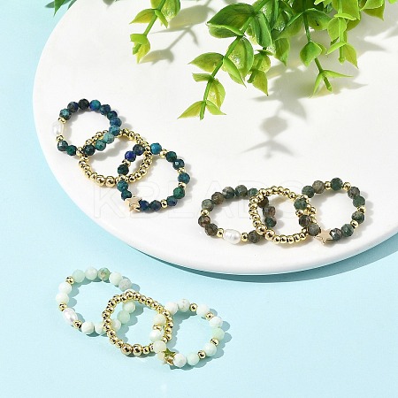 3 Pcs Natural Gemstone & Cultured Freshwater Pearl & Brass Beaded Stretch Ring Set RJEW-JR01084-1