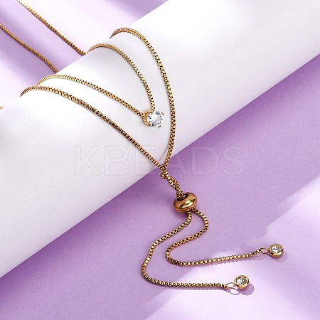 304 Stainless Steel Crystal Rhinestone Flat Round Box Chain Double Layer Slider Lariat Necklaces NJEW-K291-01G-1