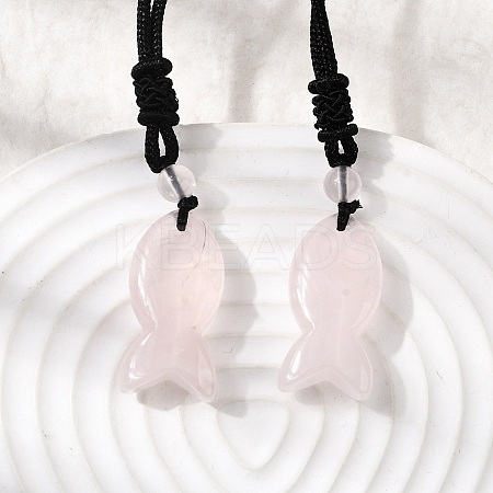 Natural Rose Quartz Fish Pendant Black Nylon Cord Necklaces NJEW-G185-01G-1
