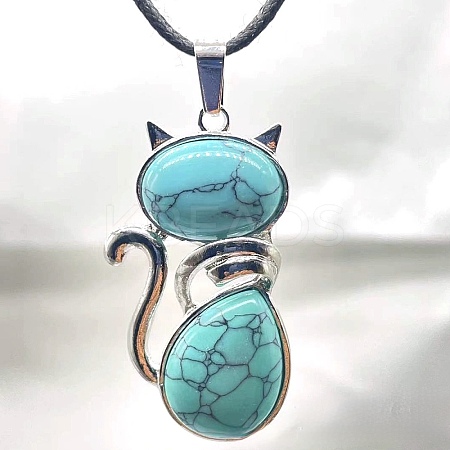 Synthetic Turquoise Alloy Cat Shape Pendant Necklaces KJ2639-11-1