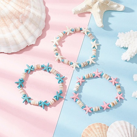 3Pcs Synthetic Turquoise & Natural Freshwater Shell Beads Stretch Bracelets for Women BJEW-JB12021-1
