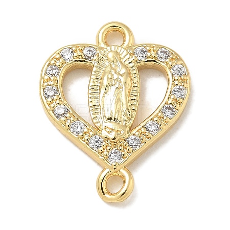 Rack Plating Brass Micro Pave Clear Cubic Zirconia Religion Heart Virgin Mary Connector Charms KK-L224-099G-03-1